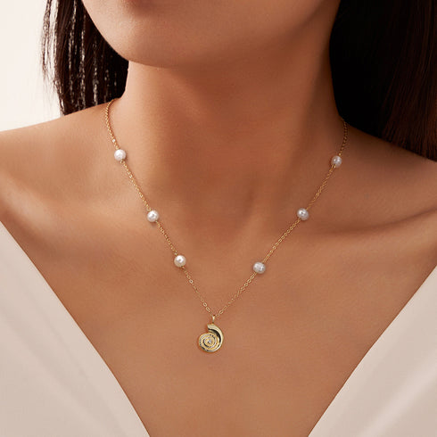 Spiral Conch Shell Drop Pearl Necklace - Perfect for Summer